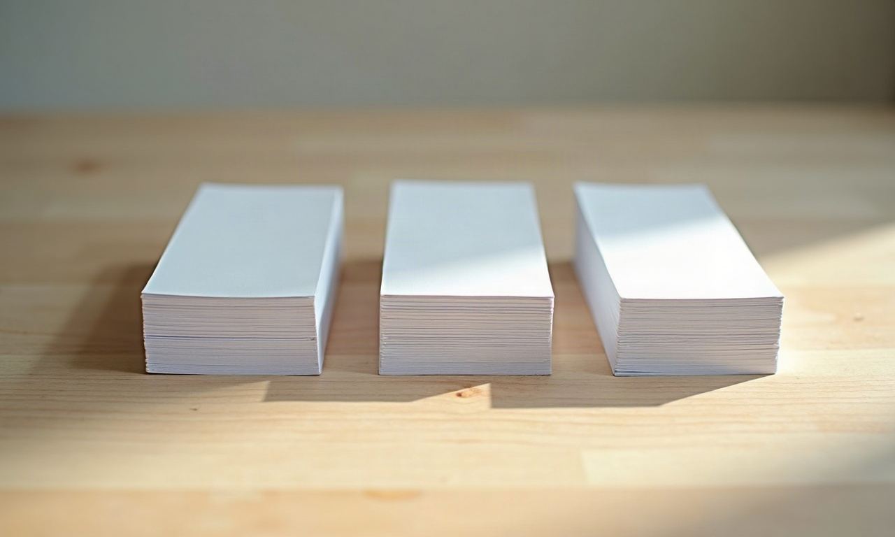 Three stacks of index cards at different heights on light wood surface