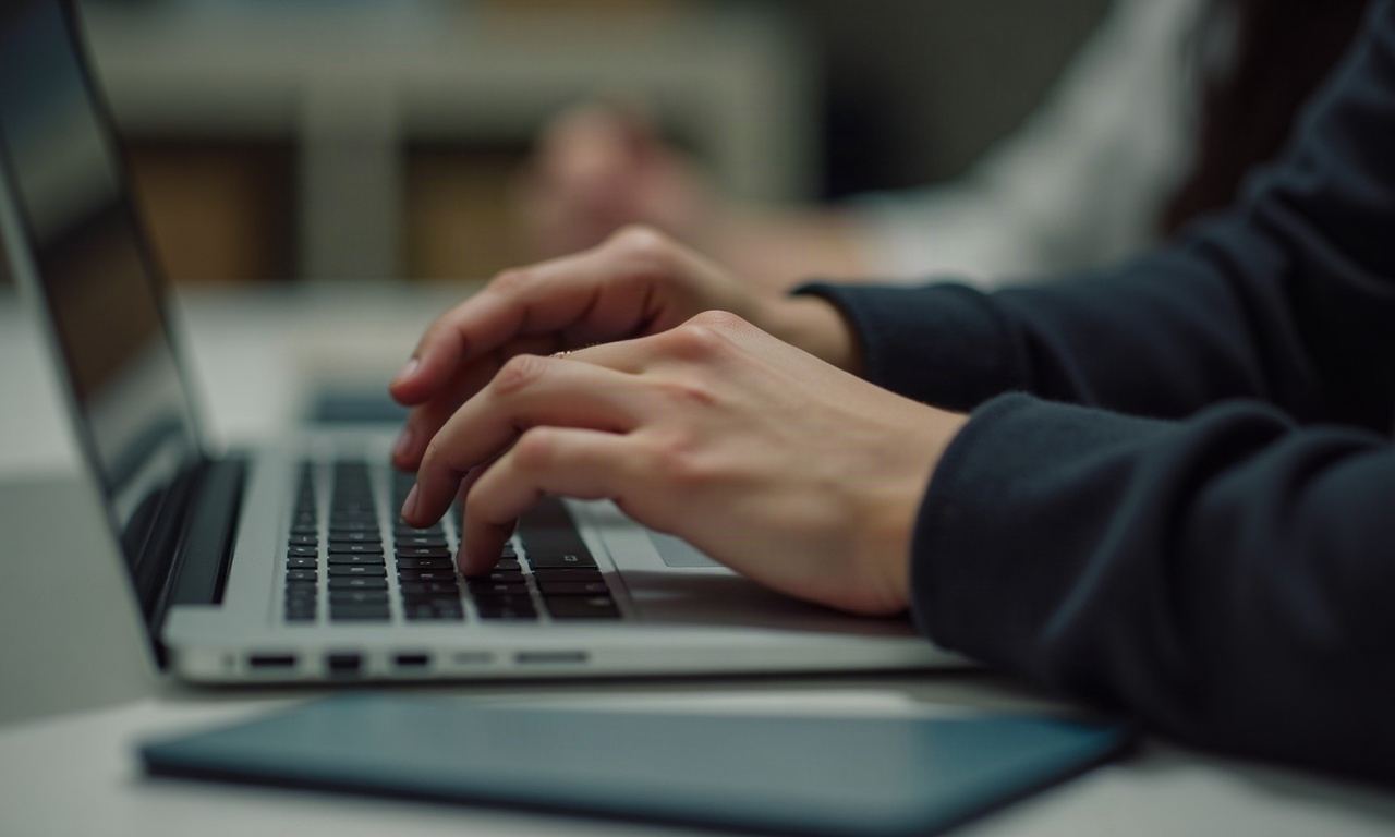 Hand writing in notebook with pen, laptop keyboard at edge