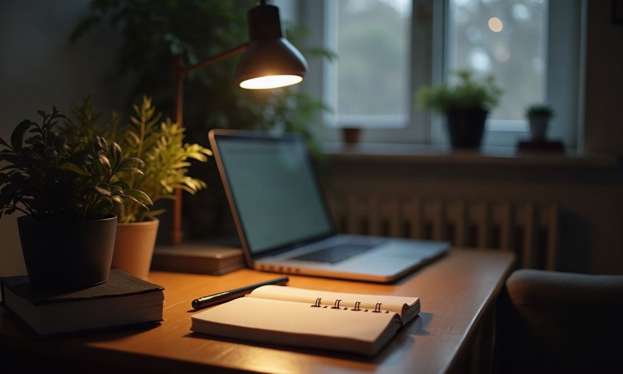 Desk lamp illuminating notepad and pen on small table, evening light